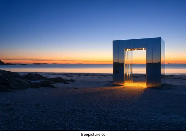 Reflective Structure on the Beach at Sunset