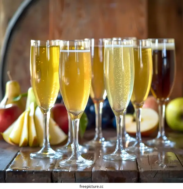 Sparkling Wine Glasses with Fresh Pears and Apples on a Wooden Table