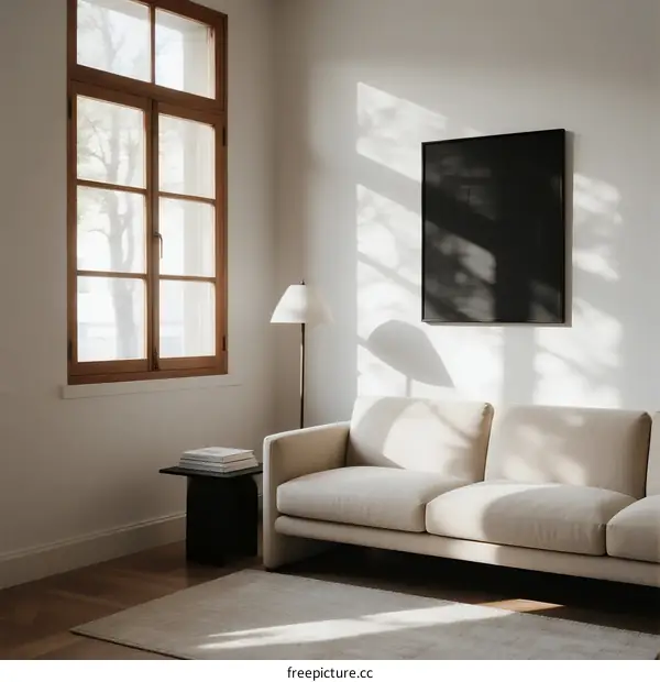 Sunlit Minimalist Living Room with White Sofa and Large Window