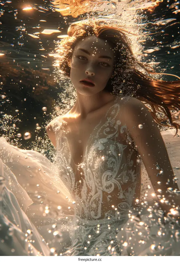 Woman in White Dress Floating Underwater