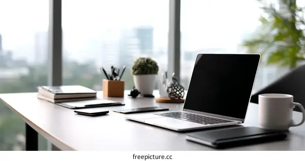 Modern Office Workspace with Laptop and Supplies