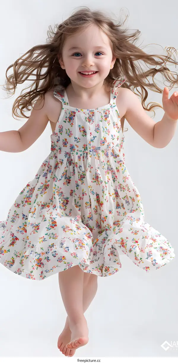 Little girl in floral dress jumping