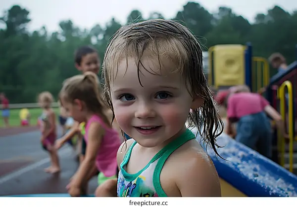 Young Girl Smiling at Playground on Rainy Day
