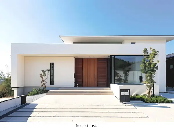 Modern Japanese House with Wooden Door and Large Windows