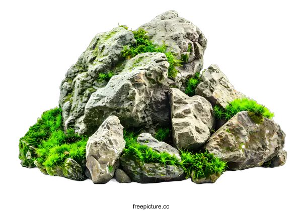 [Transparent Background PNG]Gray Rocks With Green Moss On White Background