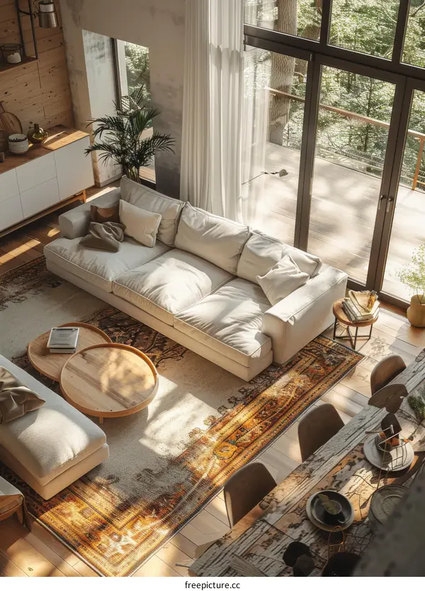 Modern Forest Cabin Living Room with Sunlight