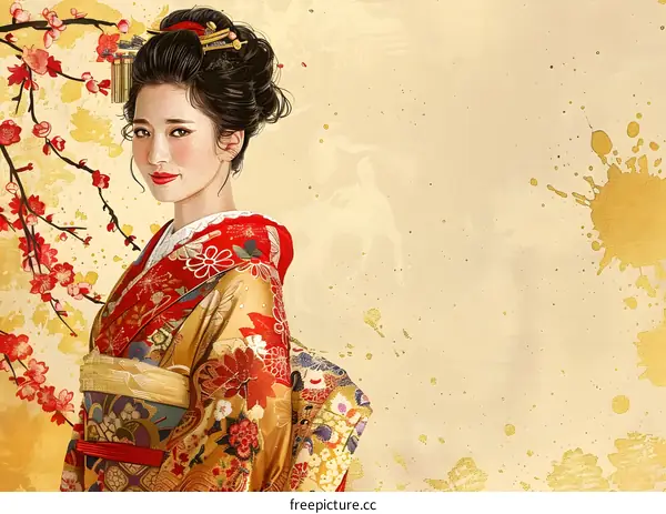 A beautiful Japanese woman wearing a kimono stands in front of a cherry blossom tree.