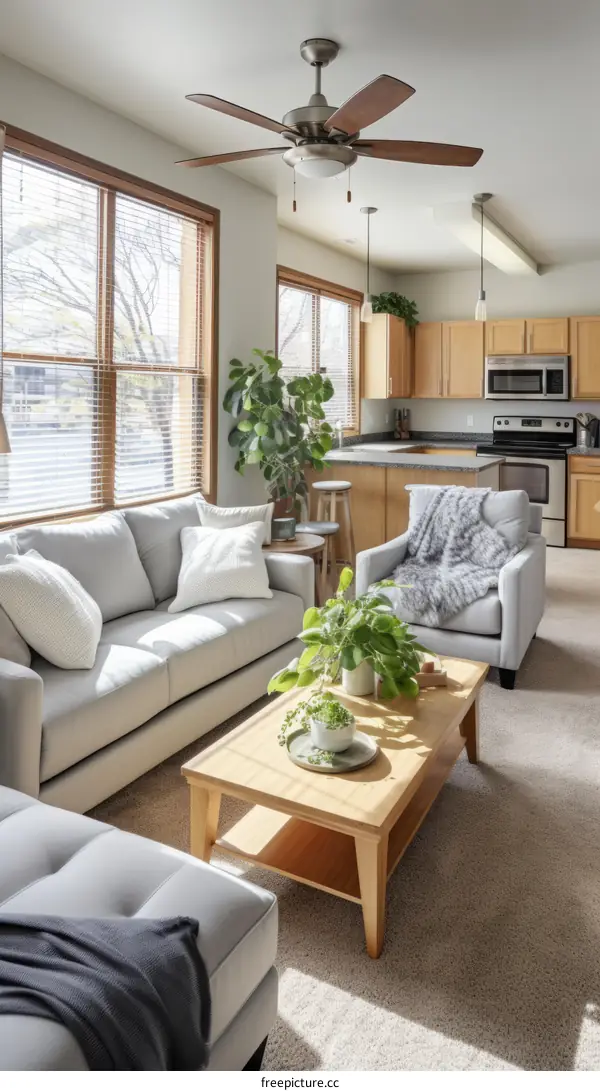 A cozy living room with a couch, coffee table, rug, and plants