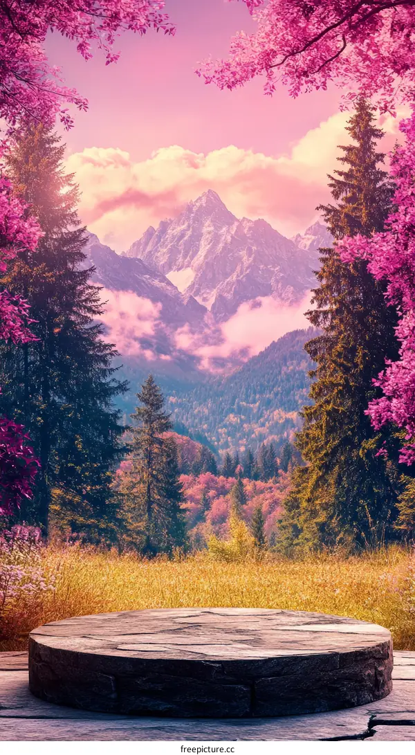 Autumn Mountain Landscape with Pink Flowers