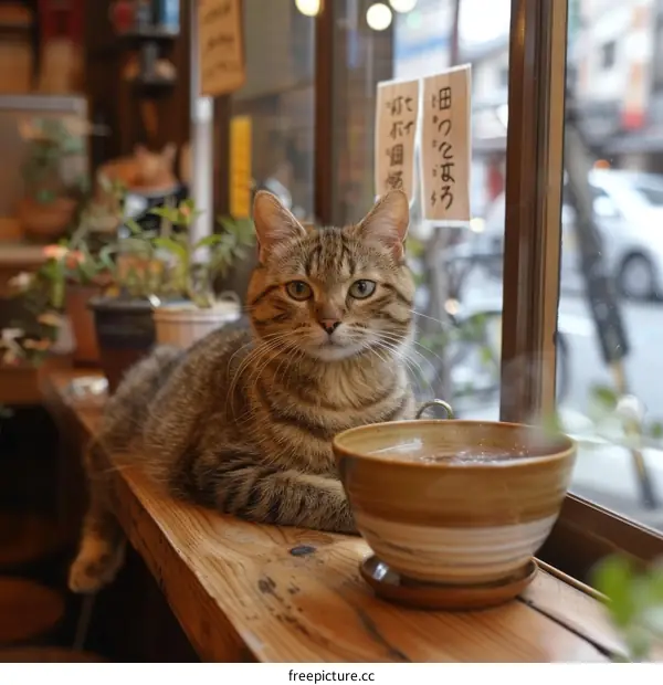 A tabby cat sitting on a wooden table near a window