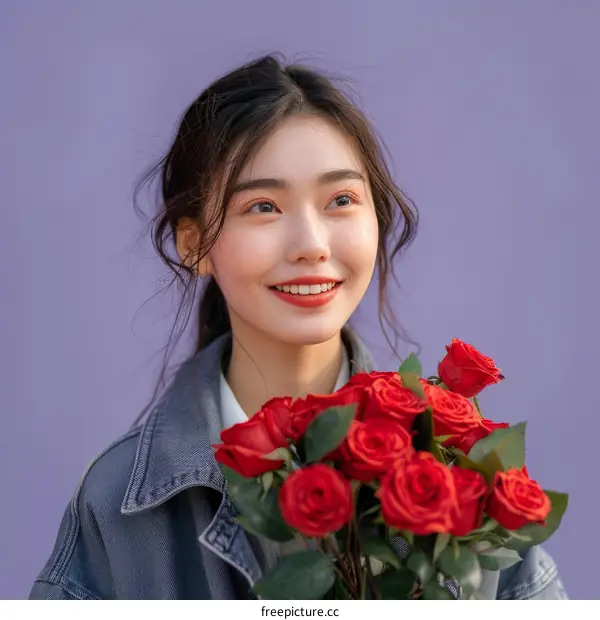 A young Asian woman is holding a bouquet of red roses and smiling.