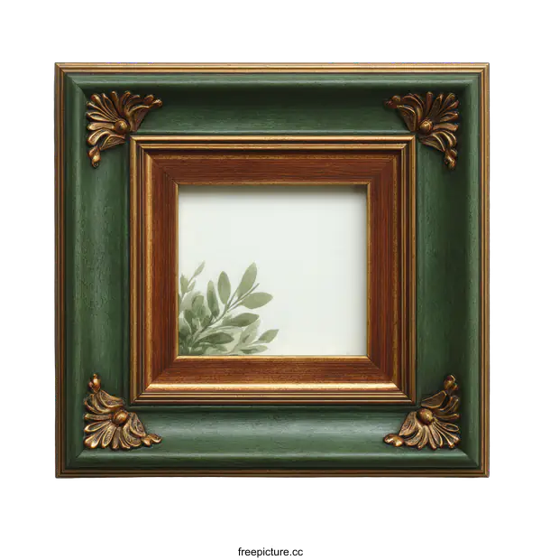 [Transparent Background PNG]Vintage Green Picture Frame with Decorative Accents