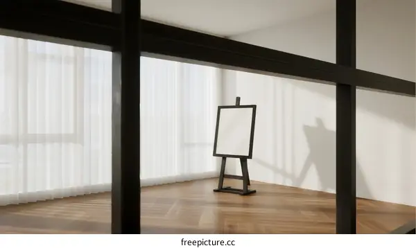 Empty Easel in Minimalist White Room with Large Windows