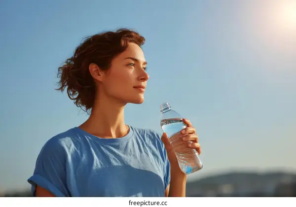 Woman Drinking Water Outdoors on a Sunny Day