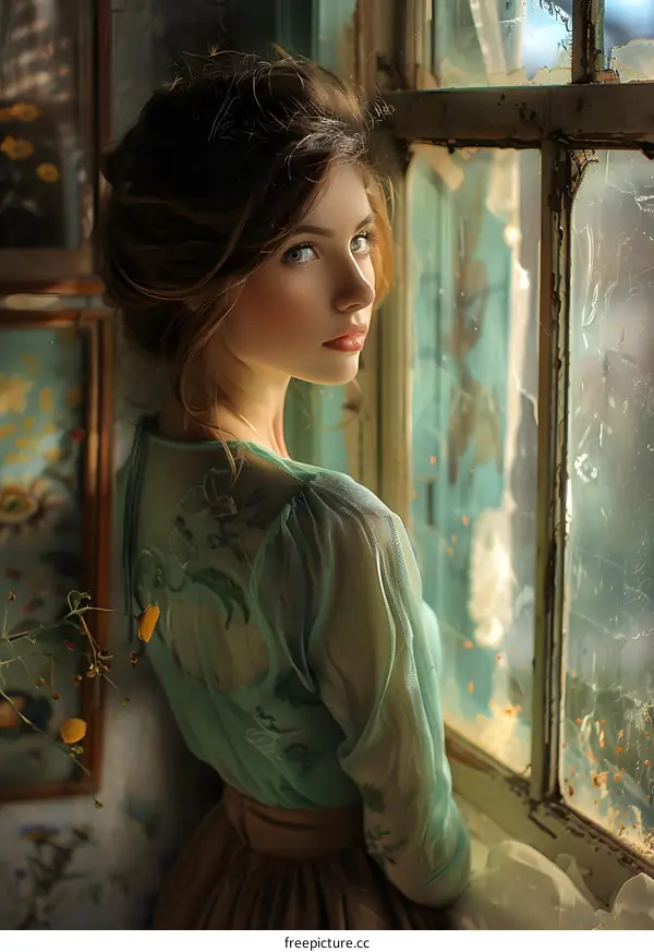portrait of a beautiful girl with brown hair and blue eyes, wearing a green dress, standing by the window