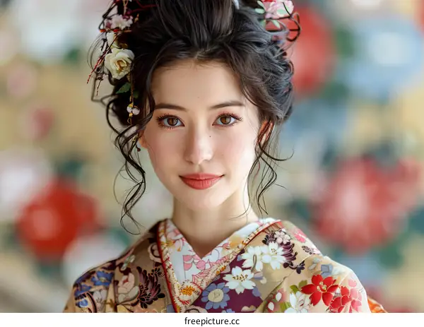 Portrait of a Beautiful Japanese Woman in a Traditional Kimono