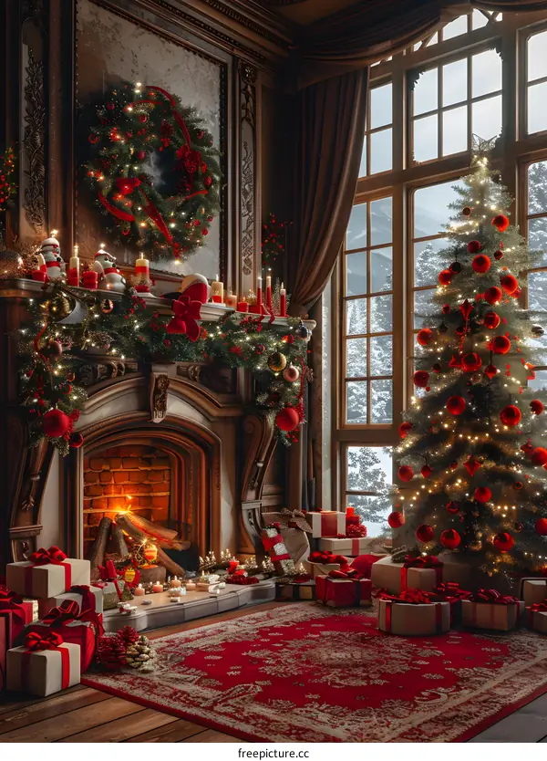 Christmas living room interior with fireplace, decorated Christmas tree and gifts