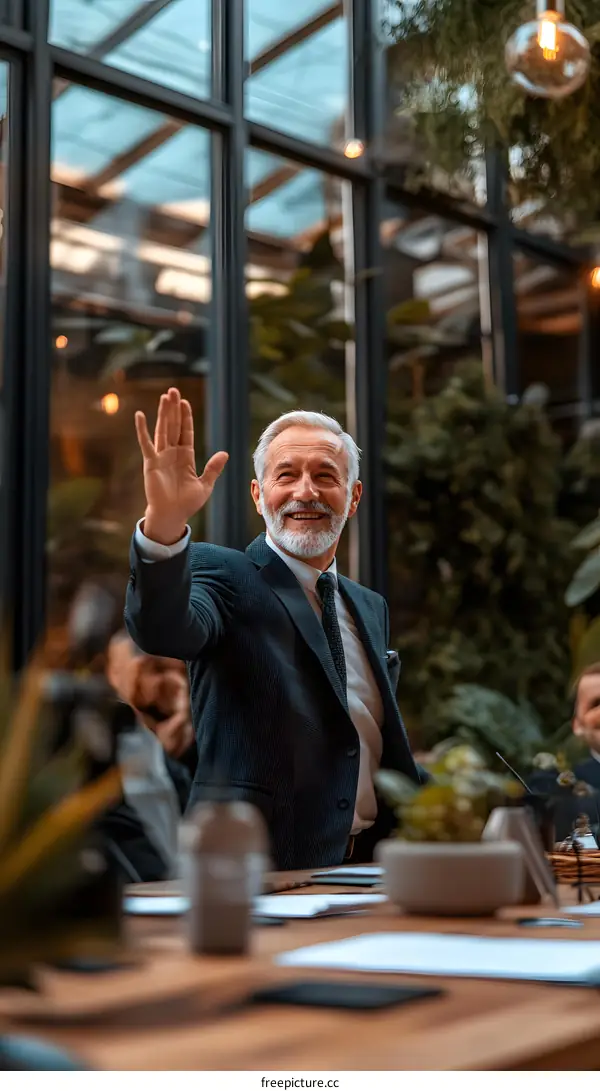 Smiling Businessman Waving Hand in Meeting