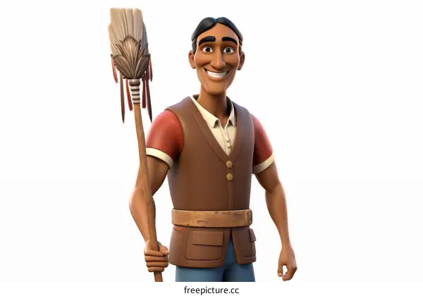 Smiling Native American man holding a broom