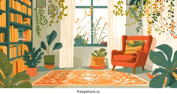 Cozy Living Room with Plants and Books