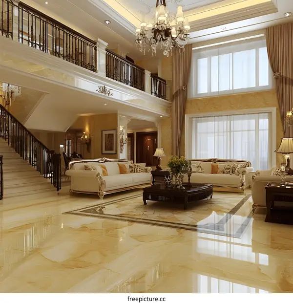 Luxury Interior Design with Marble Floor and Chandelier