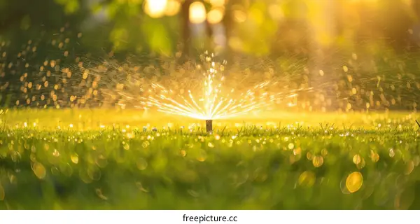 Golden Hour Sprinkler Watering Green Lawn