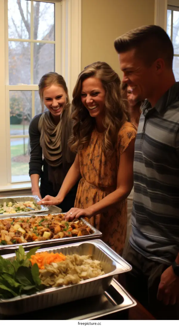 Three people are serving food from metal pans.