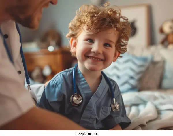 Toddler boy dressed as doctor smiling at someone