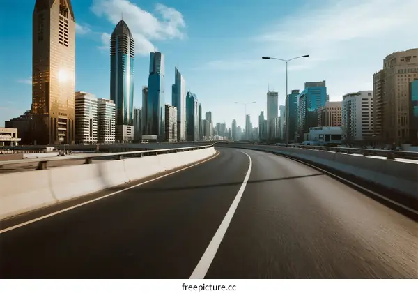 Modern city road with tall skyscrapers under clear sky