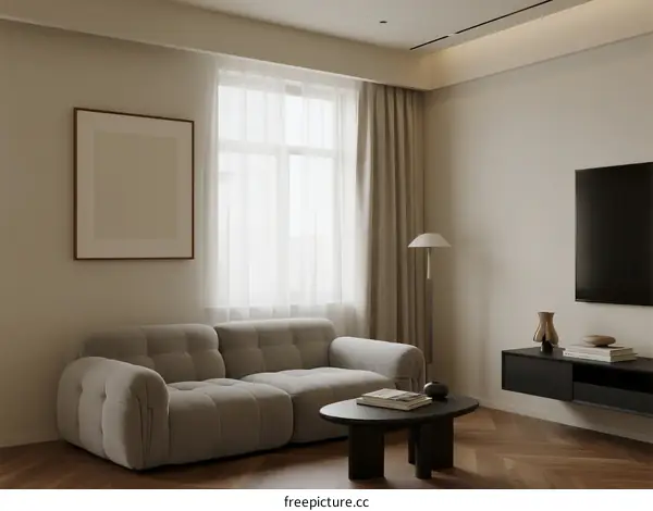 Modern Living Room with Soft Sofa and Large Window