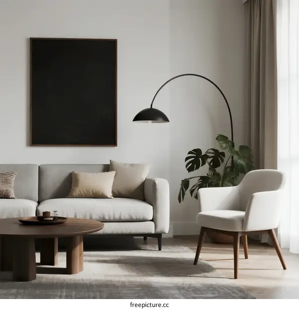 Minimalist Living Room with White Sofa and Modern Floor Lamp