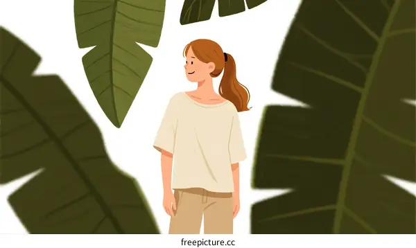 Young Woman Standing Among Large Green Banana Leaves in a Garden