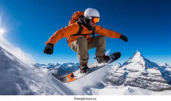 A snowboarder jumps over a snowy mountain peak with Matterhorn in the distance