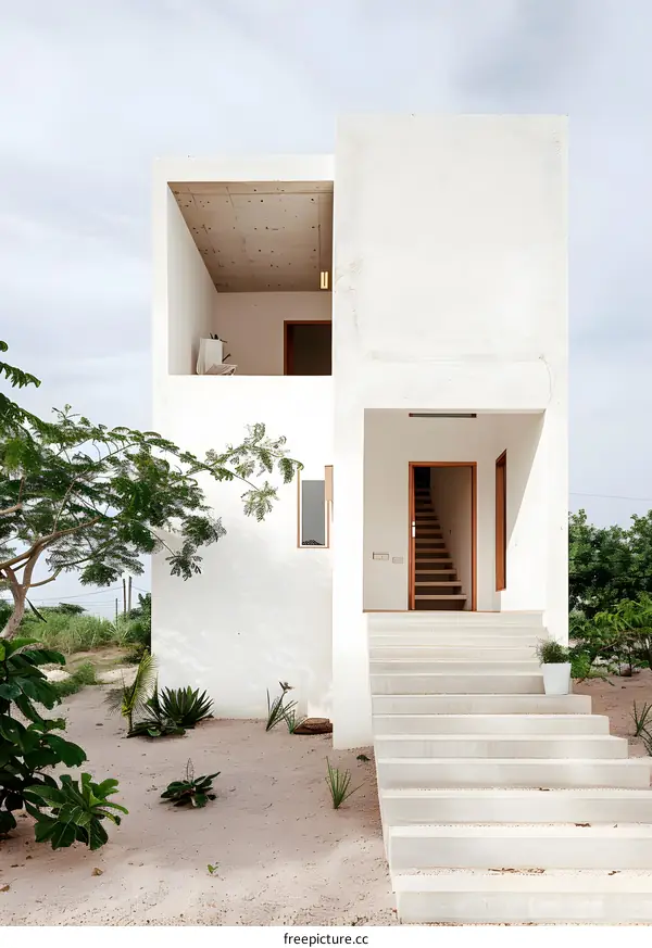 Minimalist White House with Concrete Stairs and Patio