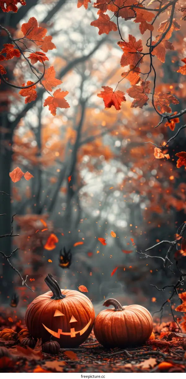 Halloween Pumpkins and Autumn Leaves