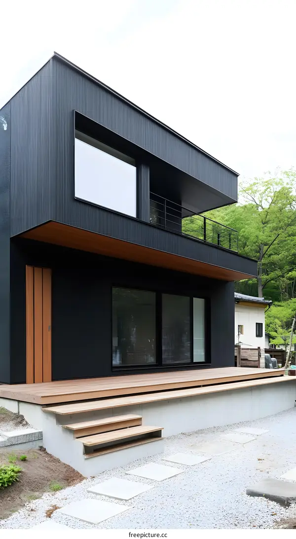 Modern Japanese Style House Exterior With Wooden Deck and Gravel Path