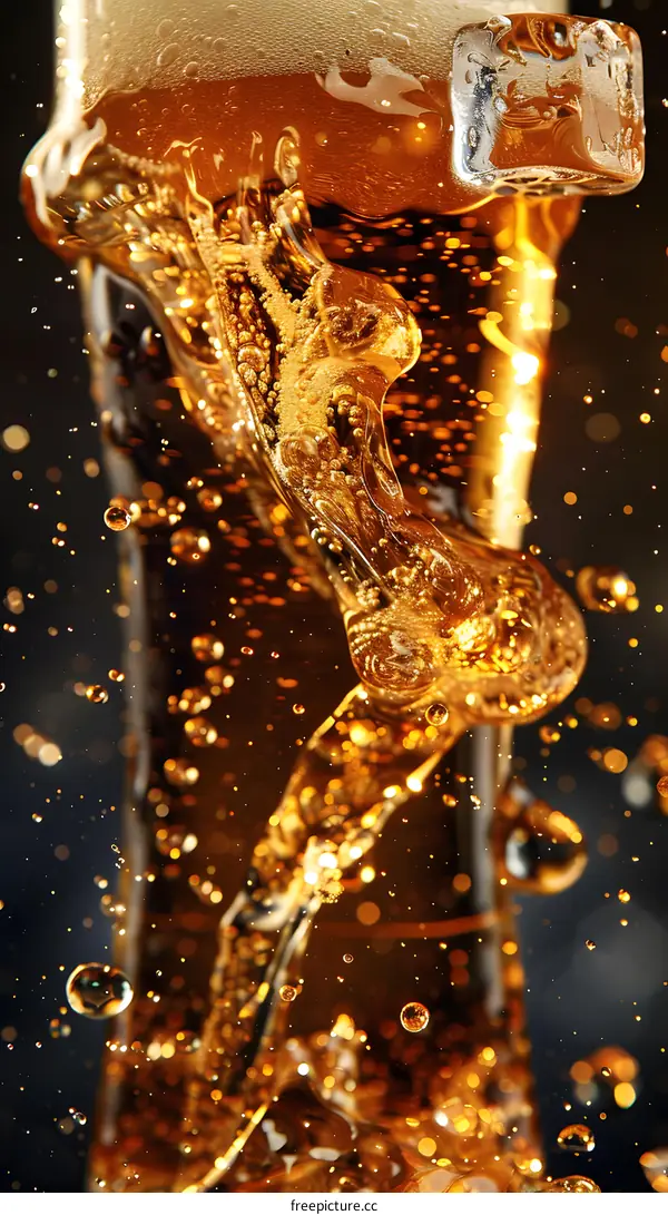 Close Up of Beer Splashing in Glass with Ice Cube