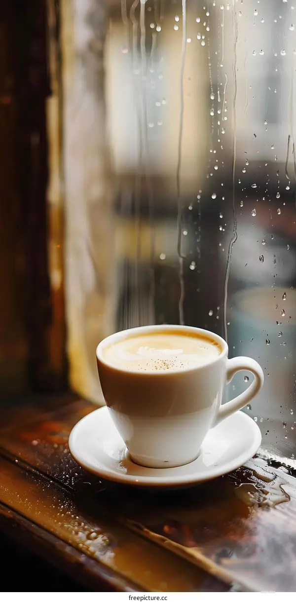 Rainy Day Coffee Cup On A Windowsill