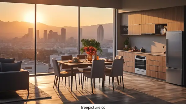 Modern kitchen with a view of the city