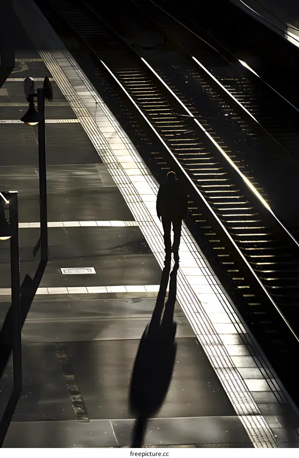 Silhouette of a Man Walking on Train Tracks at a Station