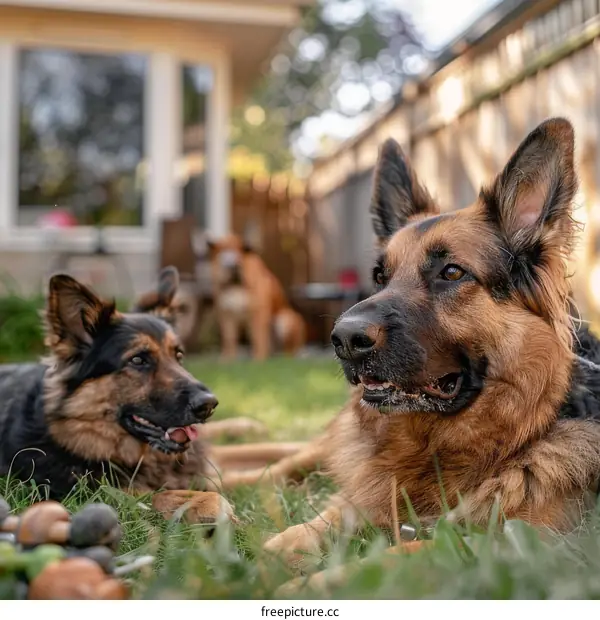 Two German Shepherds lying on the grass in the backyard