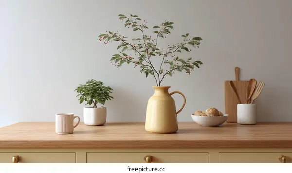 A Cozy Kitchen Still Life with Plants and Utensils