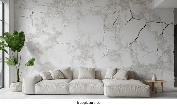 Modern Minimalist Living Room with Cracked Wall