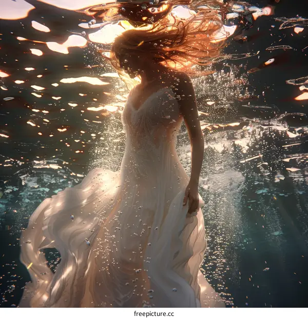 An ethereal photo of a woman in a white dress swimming underwater