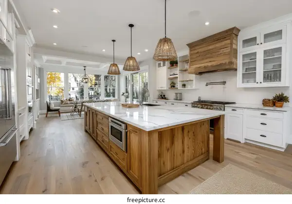 Modern Farmhouse Kitchen Design with White Cabinets and Wood Island