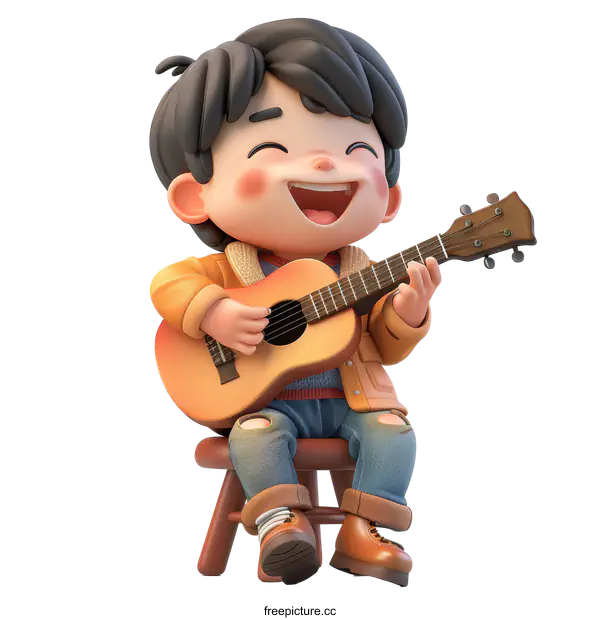 [Transparent Background PNG]Cute Cartoon Boy Playing Guitar