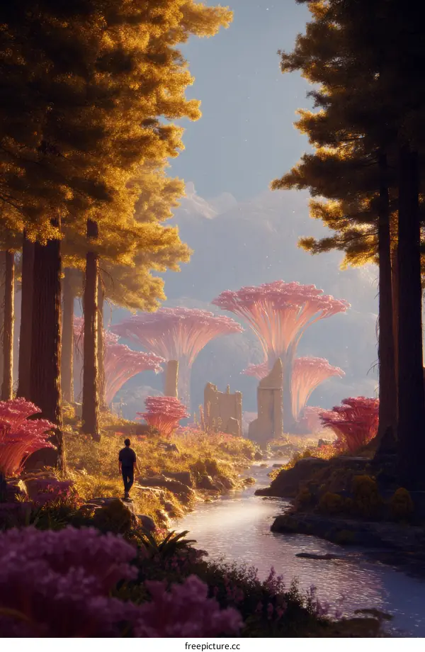 Fantastic Alien Forest Landscape with a Traveler