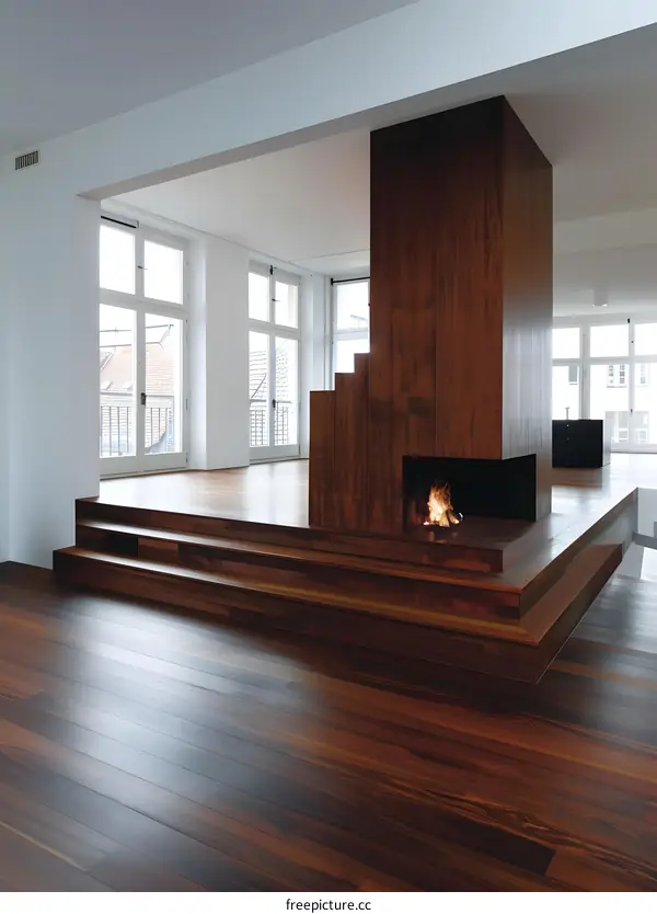 Modern Wooden Fireplace in a Minimalist Living Room