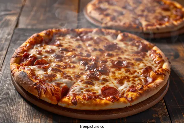 Pepperoni pizza on a wooden table