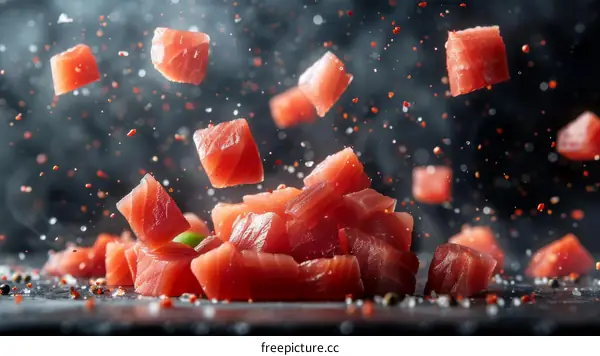 Raw tuna cubes falling with spices